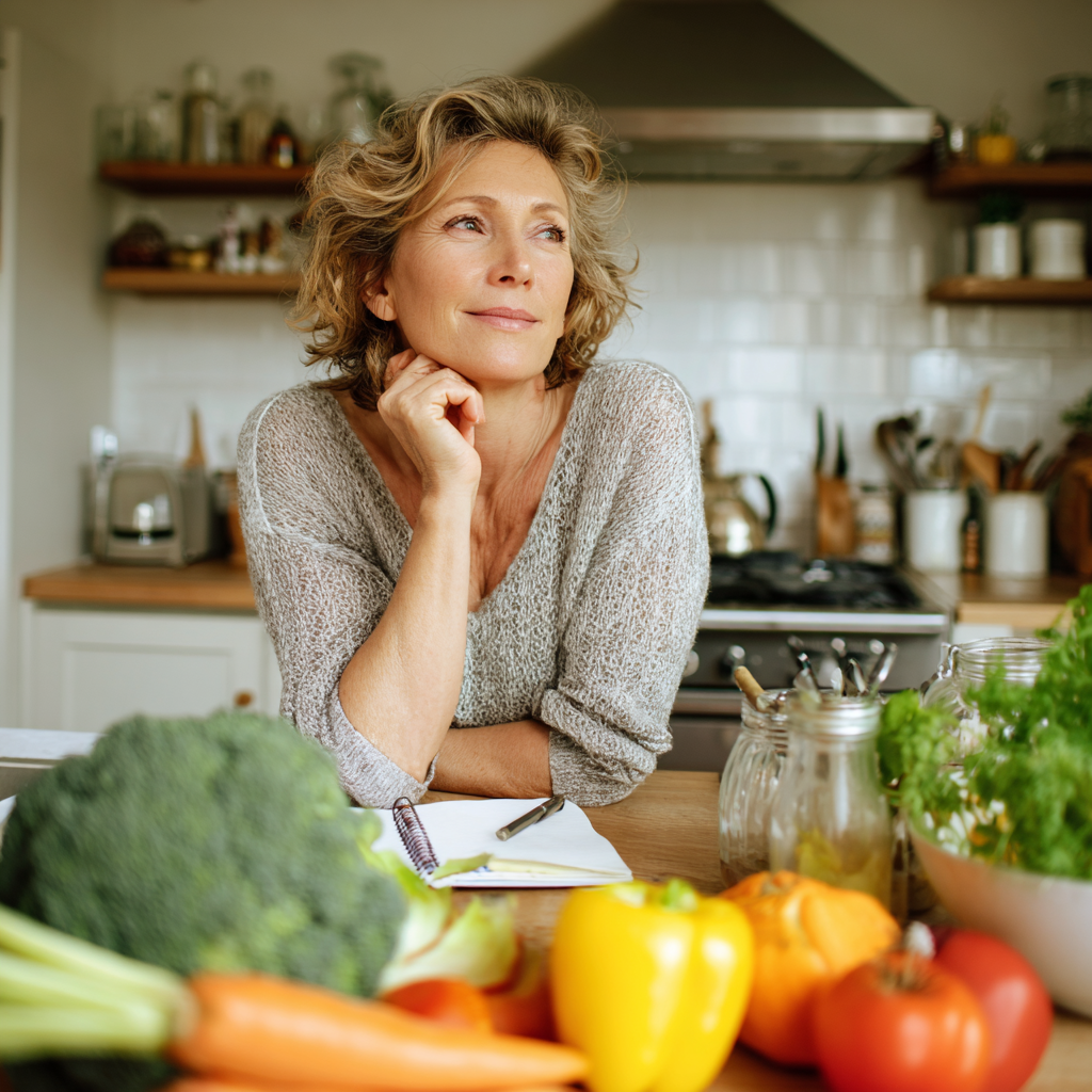 middle-aged woman planning healthy meals in modern kitchen