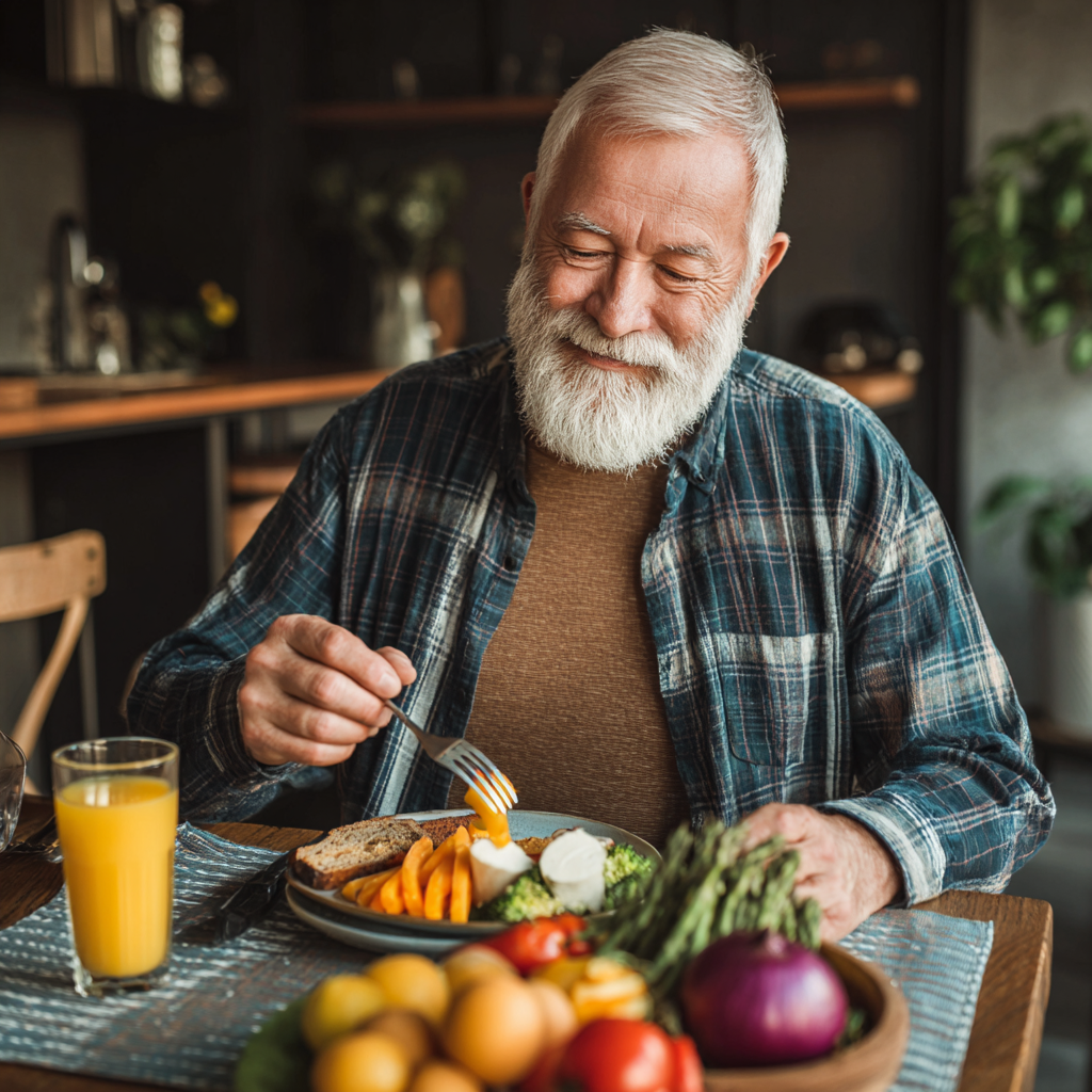 senior man enjoying healthy balanced meal at home