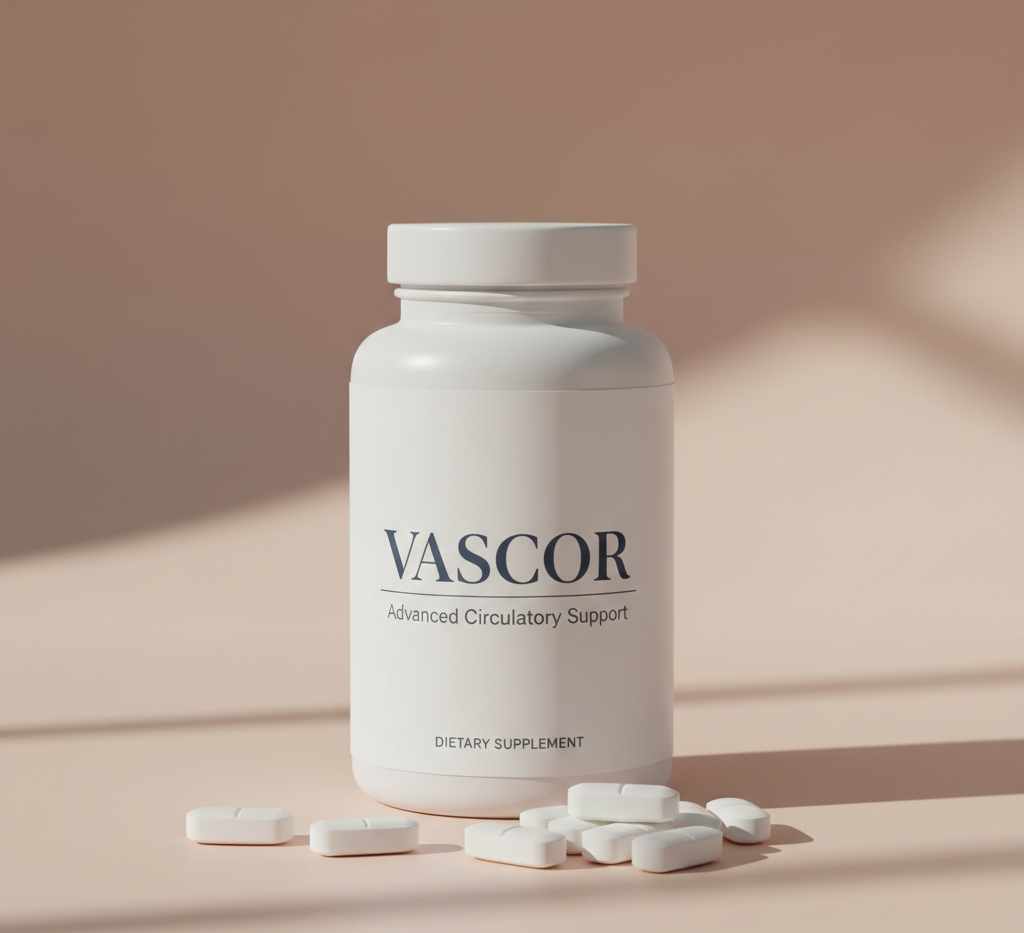 Упаковка Vascor - натуральний засіб для підтримки нормального артеріального тиску, синя коробка з 30 капсулами, сучасний дизайн упаковки на нейтральному фоні